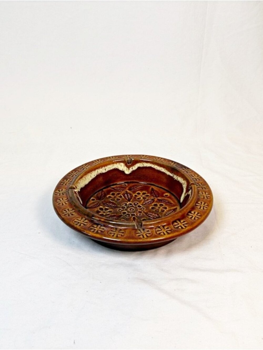 Vintage MCM Brown Ceramic Floral Drip Glaze Ashtray~USA~